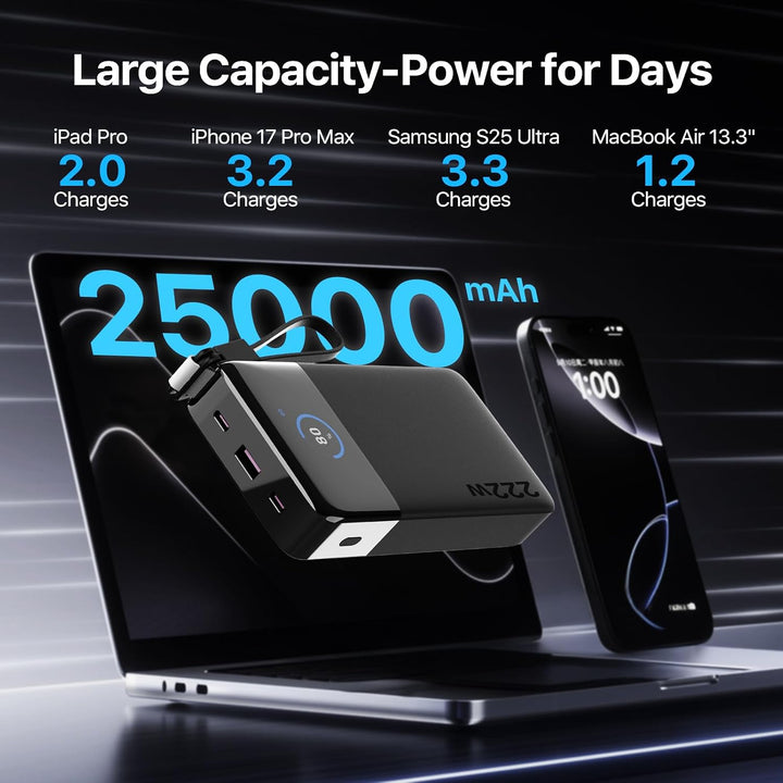 NOBIS 222W 25.000 mAh PD Schnelllade Power Bank mit Lanyard-Kabel | Smart Digitalanzeige, 3 Ausgänge