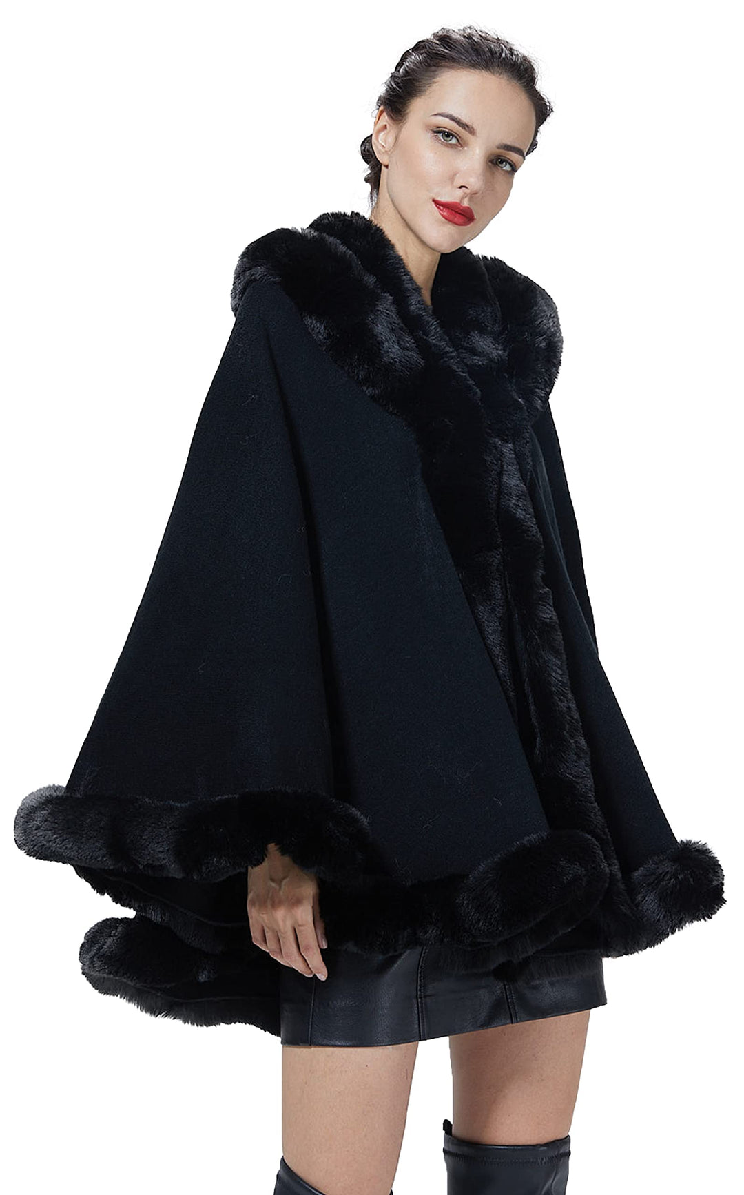 BEAUTELICATE Damen Kunstpelz Strick Poncho Cape Warm Umhang Gestrickt mit Kapuze Cardigan Brautjacke