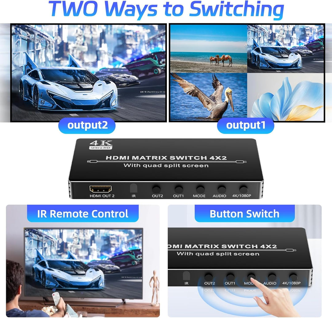 HDMI Matrix Switcher 4x2 mit Multiview, Bolaazul 4K HDMI Multi-Visor Quad Multi-Viewer Dual Monitor