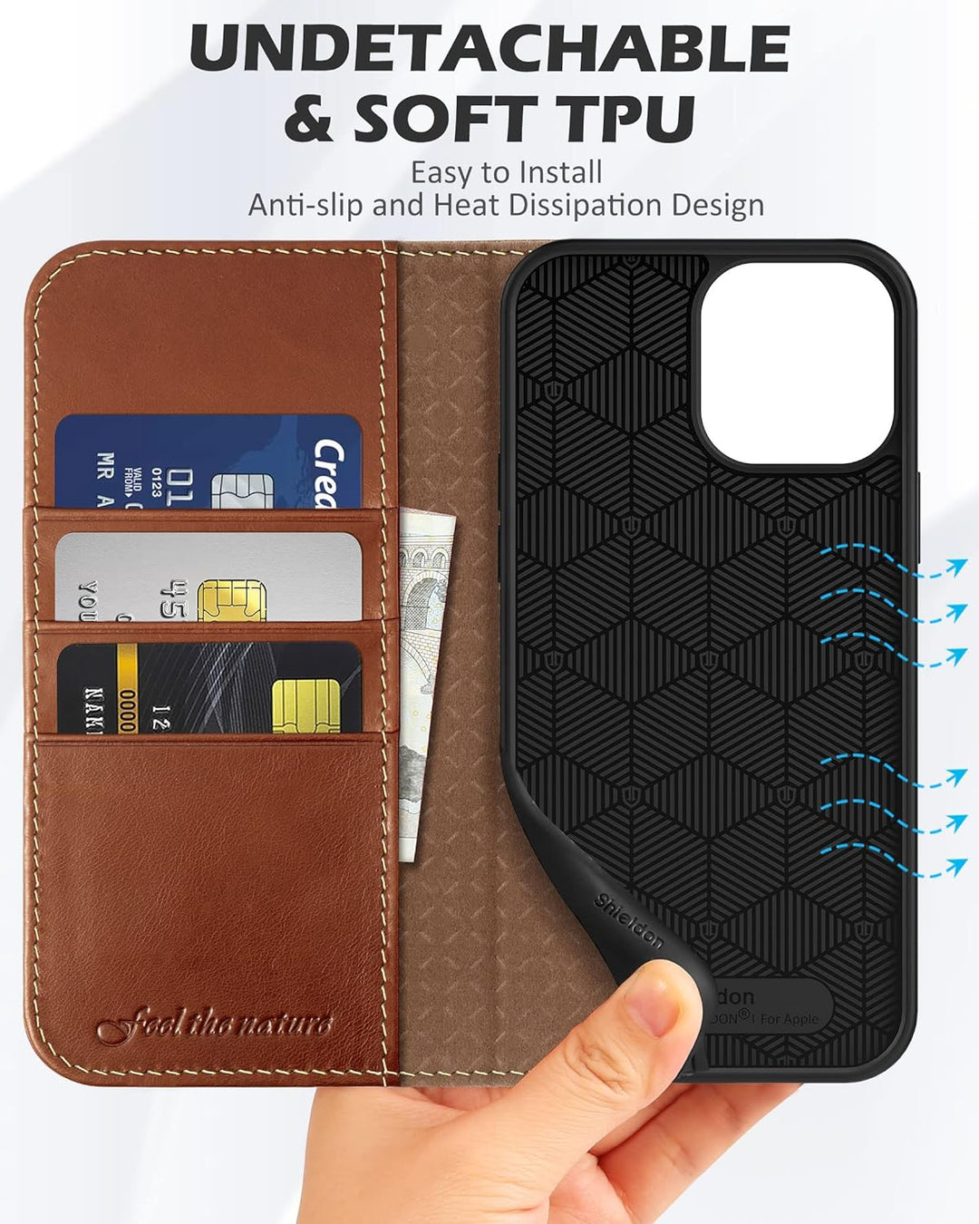 SHIELDON Hülle für iPhone 13 Pro Max Handyhülle TPU [Echtleder] [Kartenfach] [Magnet] [Standfunktion