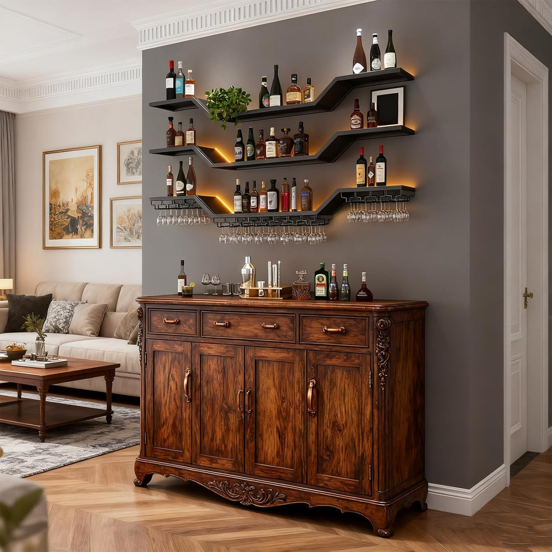 160cm Modernes Wand-Weinregal Mit LED Beleuchtung, Schwebende Barregale mit Glashalter, 3 Ebenen Wan