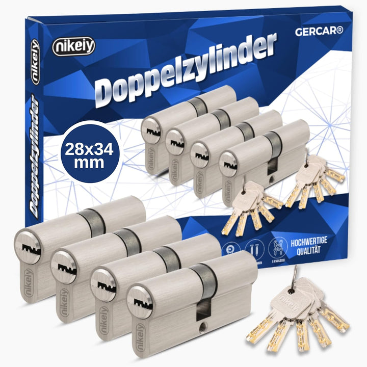 GERCAR Pro Profilzylinder 28/34 Massiver Schliesszylinder gleichschliessend 4er Set Doppelzylinder Z