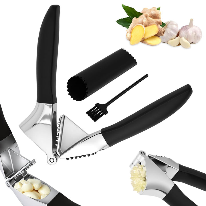 Knoblauchpresse Edelstahl,Premium Knoblauchpresse mit Sparschäler und Bürste,Garlic Press,Ingwerpres