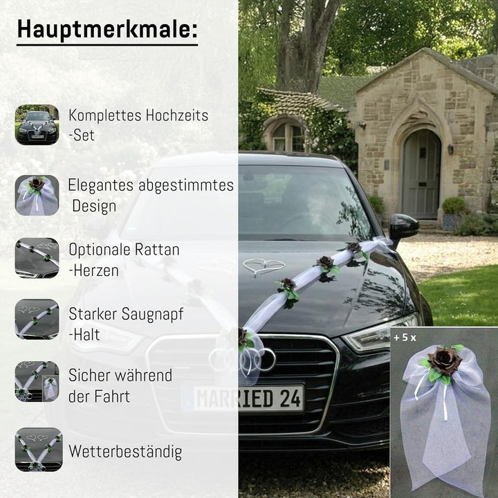 Organza M + Schleife Auto Schmuck Braut Paar Rose Deko Dekoration Autoschmuck Hochzeit Car Auto Wedd