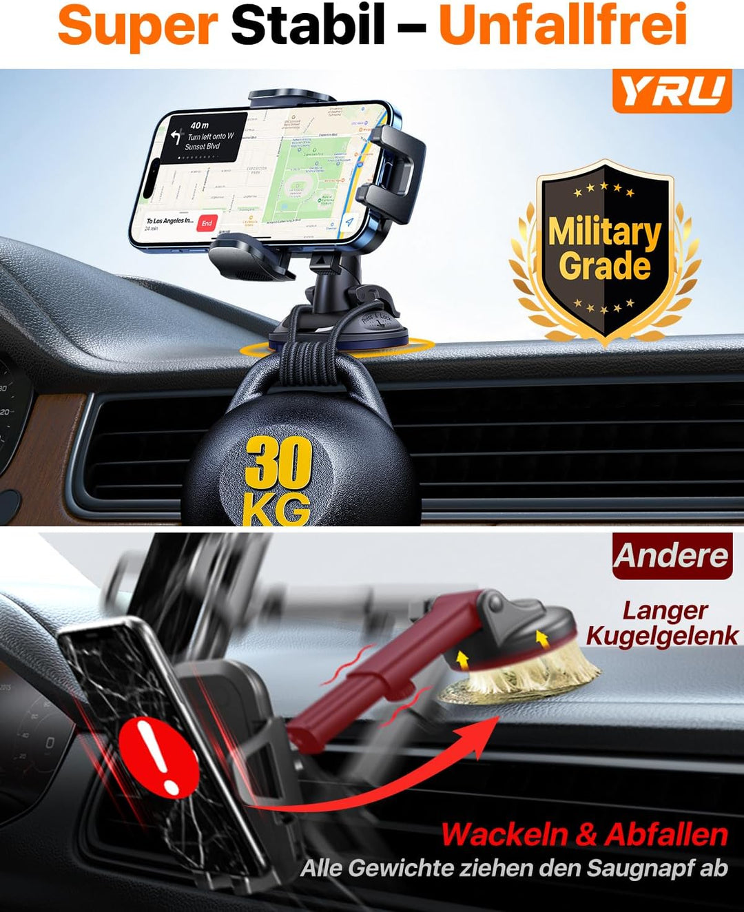 2026 Exclusive Wackelfrei Handyhalterung Auto YRU【Upgrade Bombenfest Saugnapf & Clip】Handy Halterung