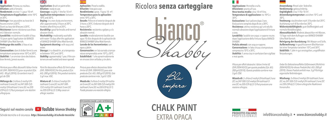 bianco Shabby® Blu Impero Kreidefarbe Wasserbasis für Alle Oberflächen einfach zu verarbeiten ohne s