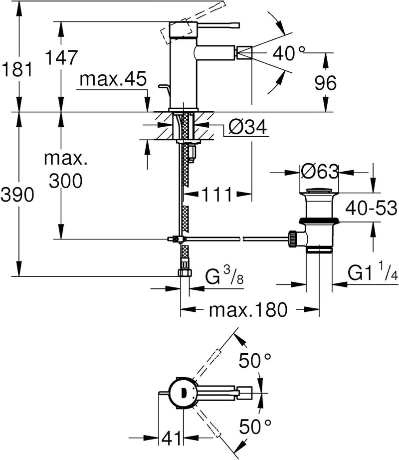 GROHE Essence New - Einhand-Bidetbatterie (Bedienungshebel aus Metall, mit Temperaturbegrenzer, Kuge