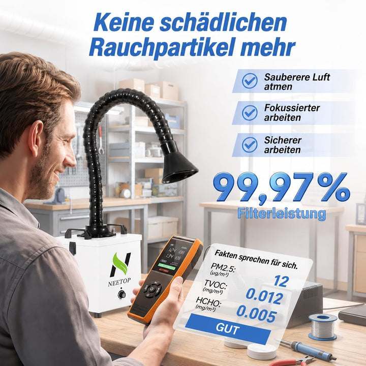 100W Lötrauchabsaugung mit 250m³/h Saugkraft, H13 HEPA &amp; Aktivkohle Filter zur Staub- und Geruchsred