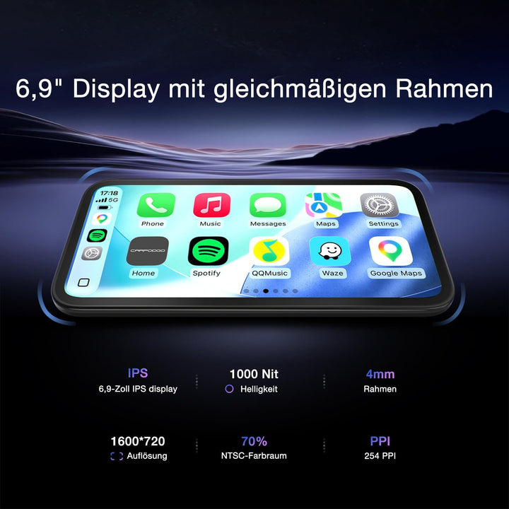CarpodGo Mini 6,9'' 60 fps CarPlay-Bildschirm für,Display mit gleichmässigem Rahmen und abgerundeten