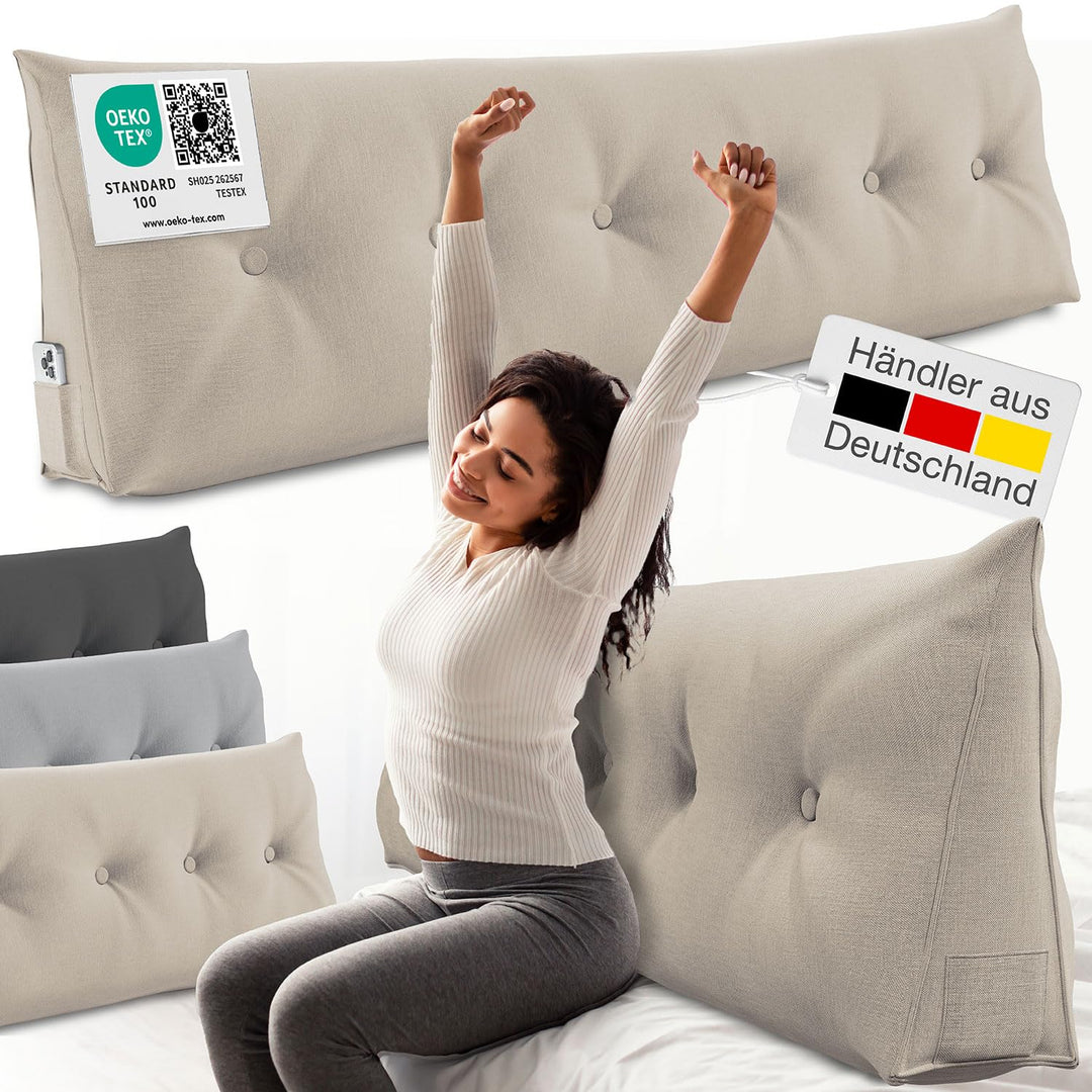 ELONEO Rückenkissen 180 cm breit, Keilkissen für Bett und Sofa geeignet, dreieckiges Lesekissen, Kis