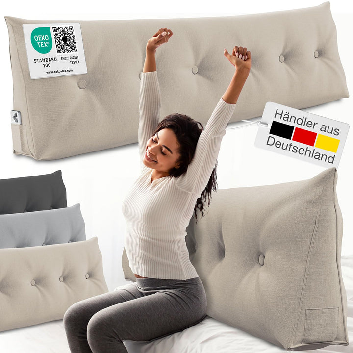 ELONEO Rückenkissen 180 cm breit, Keilkissen für Bett und Sofa geeignet, dreieckiges Lesekissen, Kis