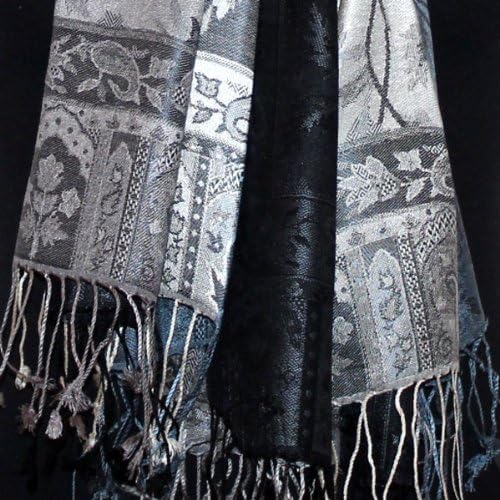 Lorenzo Cana Damen Pashmina 100% Seide Schal Schaltuch gewebt 70 cm x 190 cm Paisley silber blau Sei