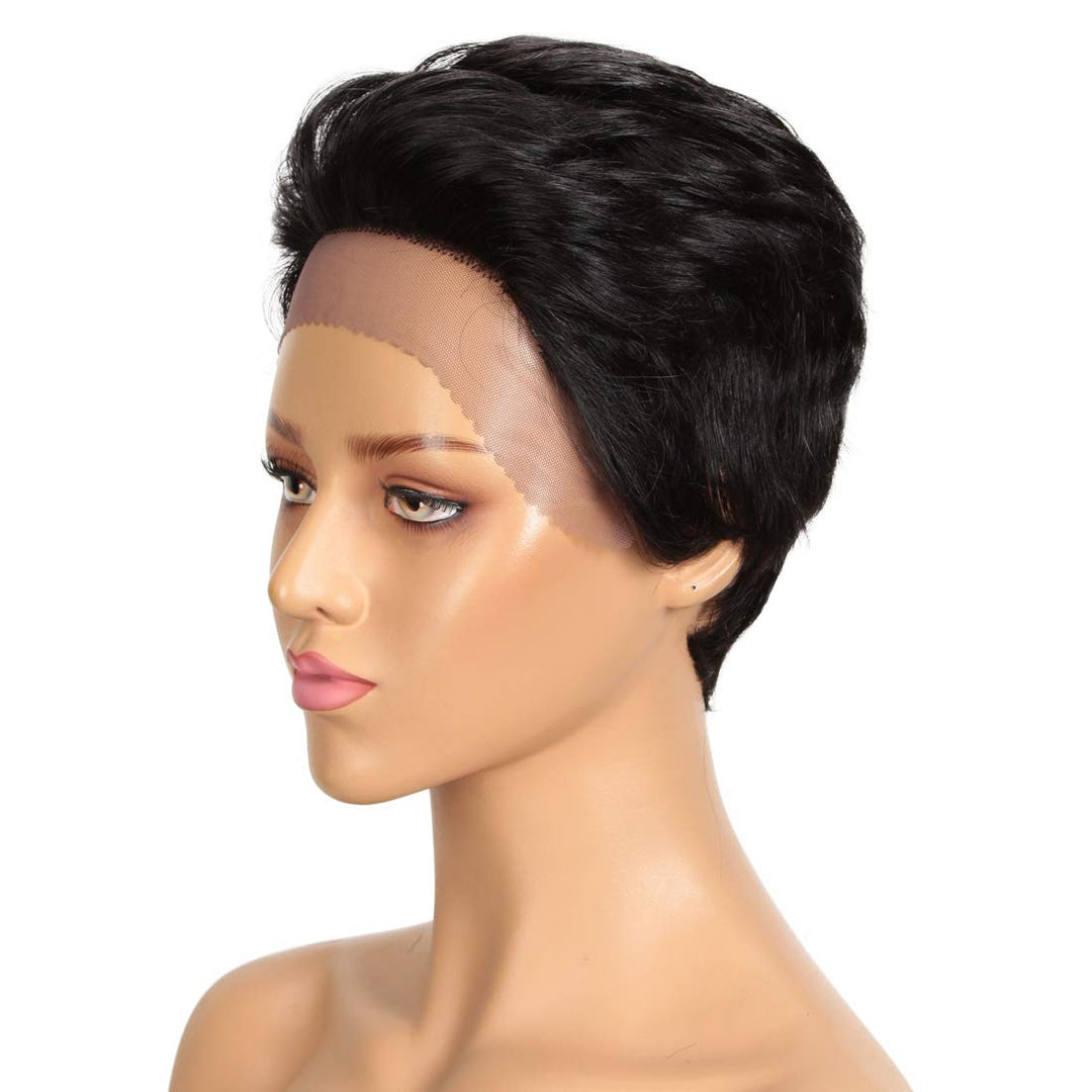 DÉBUT Echthaar Perücke mit Filmansatz kurz Pixie Damen Perücke Lace Front Wigs 22cm 79g (1B：schwarz)