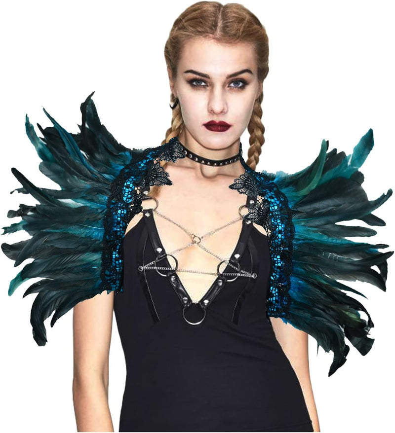 keland Damen schwarz echte Feder Achselzucken Schal Wrap Lace Kragen Halloween Kostüm Schal Top(Blau