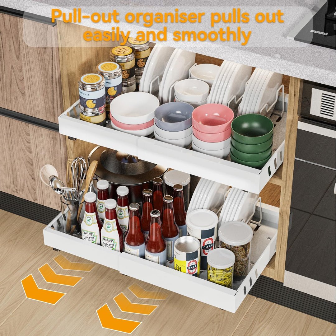 2 Pack erweiterbar Pull Out Cabinet Organizer Adhesive mit 8 Geschirrhalter, Pull Out Regale für Küc