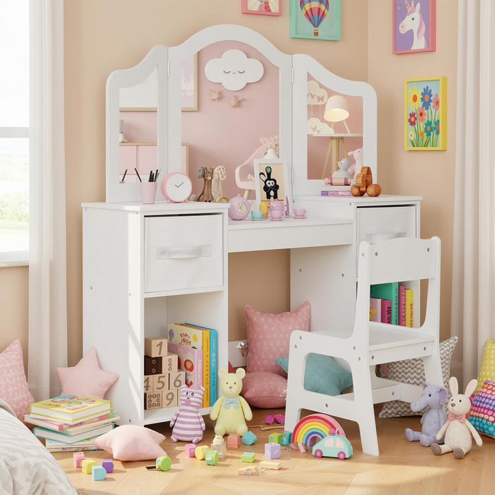 Clevich 2 in 1 Schminktisch Kinder, Kinderschminktisch mit Abnehmbarem Spiegel, Prinzessin Frisierti