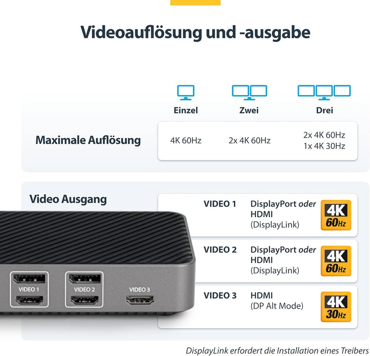 StarTech.com USB-C Dreifach Monitor Dockingstation - HDMI/DP Dreifach 4k USB C Dock - 5x USB Hub- Gb