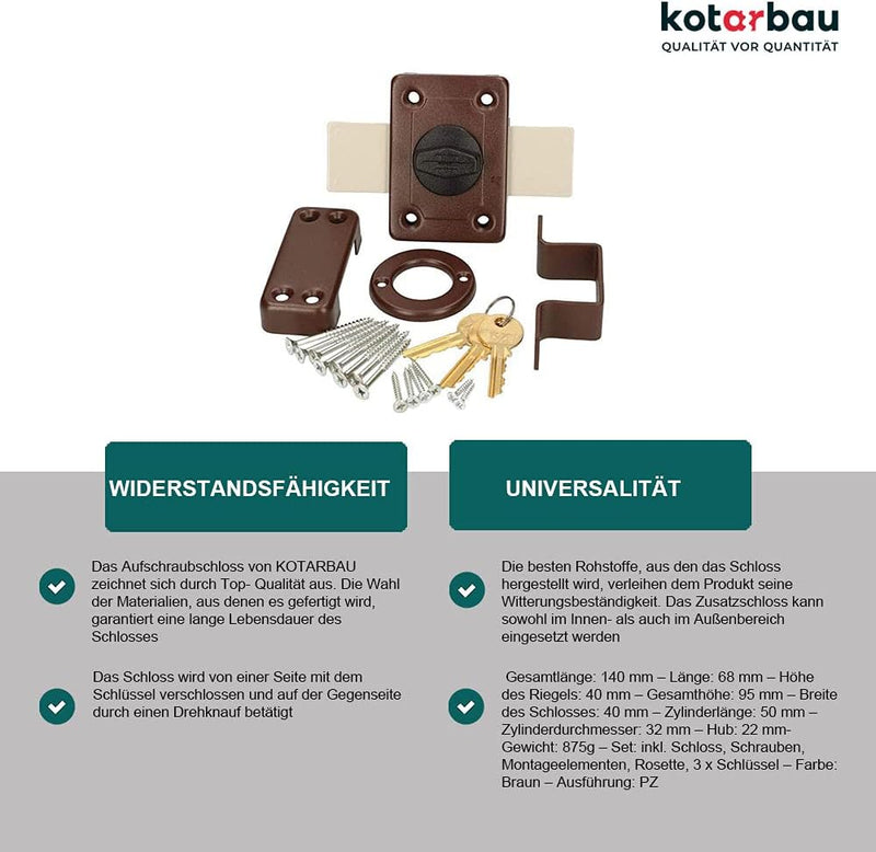 KOTARBAU® Aufschraubschloss 140 mm Kastenschloss Zustazschloss Türschloss Profilzylidner Türzusatzsc