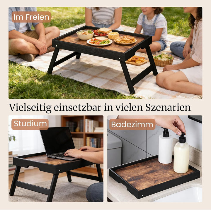 Fibogollo 2er-Pack Betttisch aus Holz mit klappbaren Beinen, Frühstückstabletts, Serviertablett für