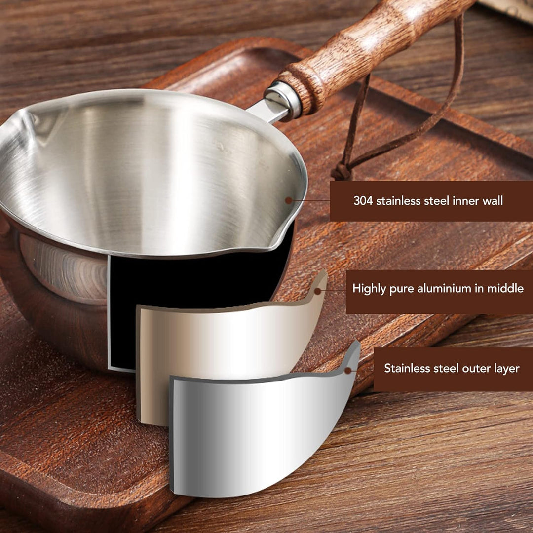 Edelstahl Schmelztopf, 120ml Mini Kochtopf mit Holzgriff für Küche und Outdoor Kochen
