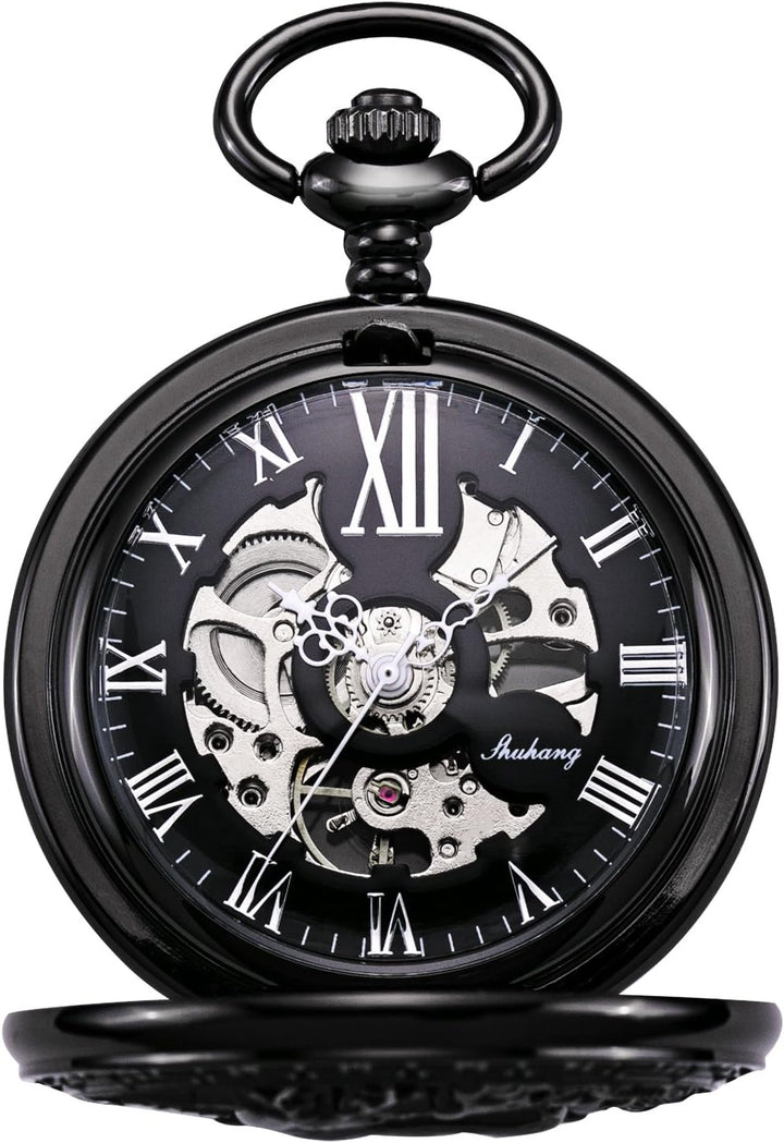 Treeweto Vintage Taschenuhr, mechanisch, doppelter Abdeckung, hohles Gehäuse, Skelett, Steampunk, Hi