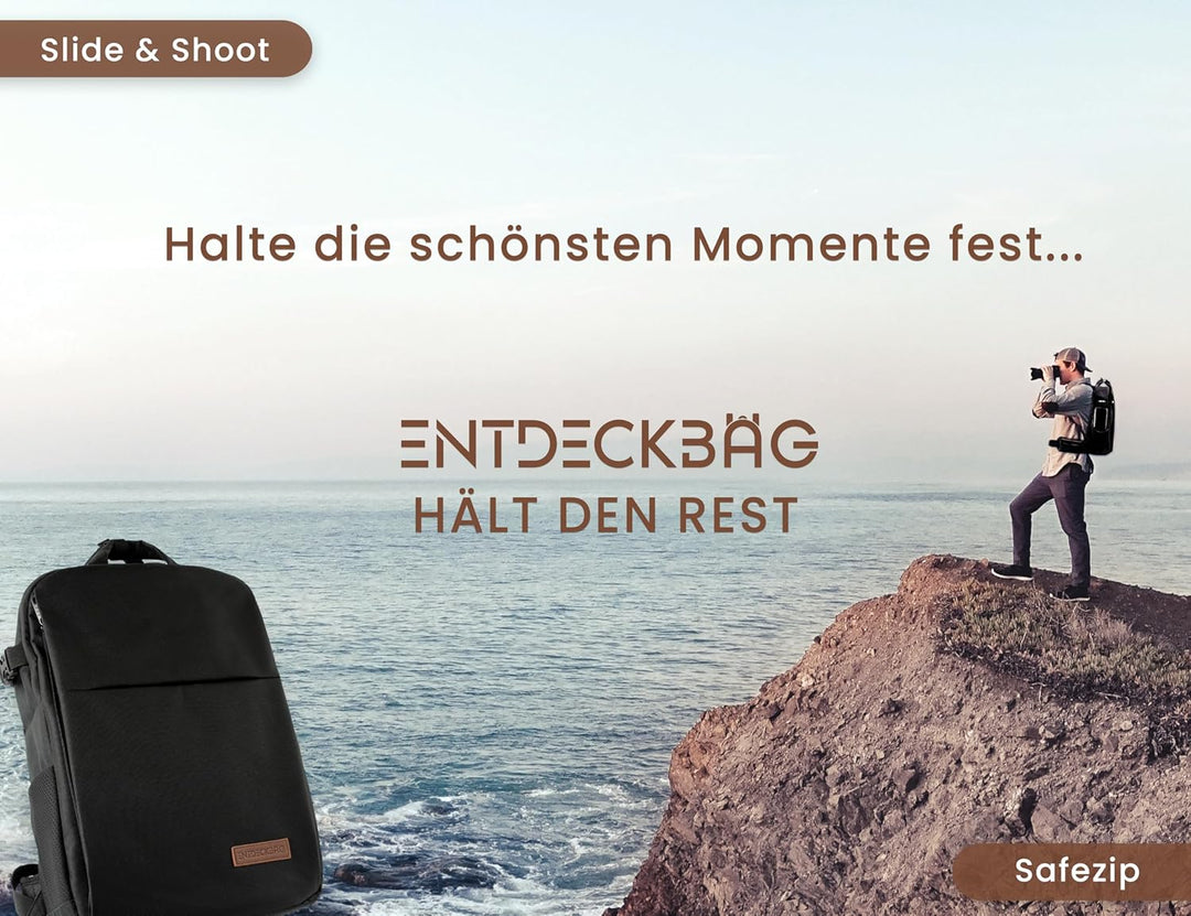 ENTDECKBAG Kamerarucksack Diebstahlsicher [mit Hüftgurt] Stauraum 14” Laptopfach Fotorucksack für Sp