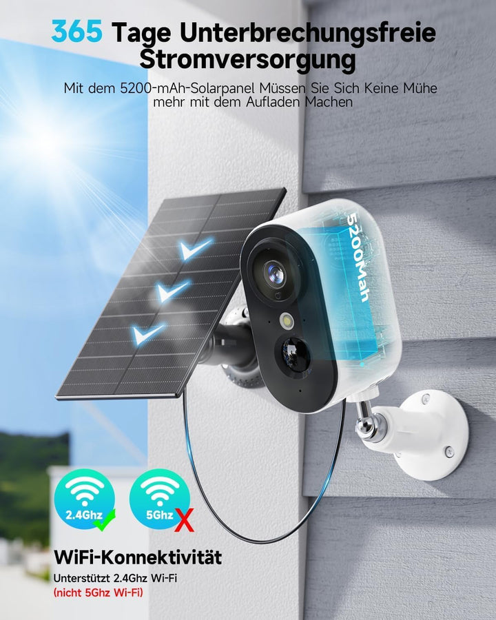 2K Überwachungskamera Aussen Akku mit Solarpanel - Kamera Überwachung Aussen WLAN mit Farbige Nachts