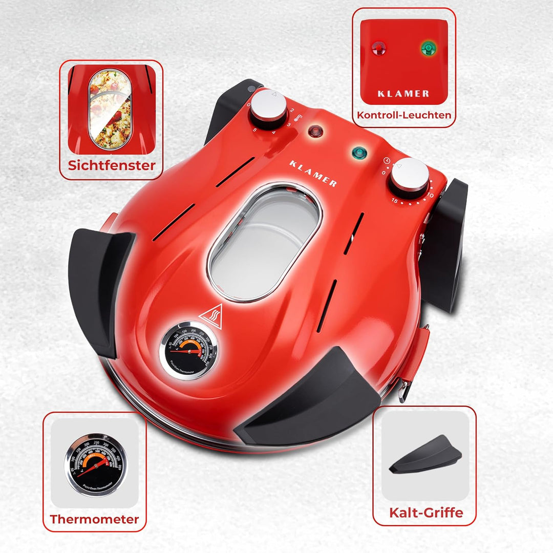 KLAMER Pizzaofen elektrisch, Pizza Ofen mit ⌀ 31cm, 1200W, 400°C, abnehmbarer Keramik Pizzastein, 5