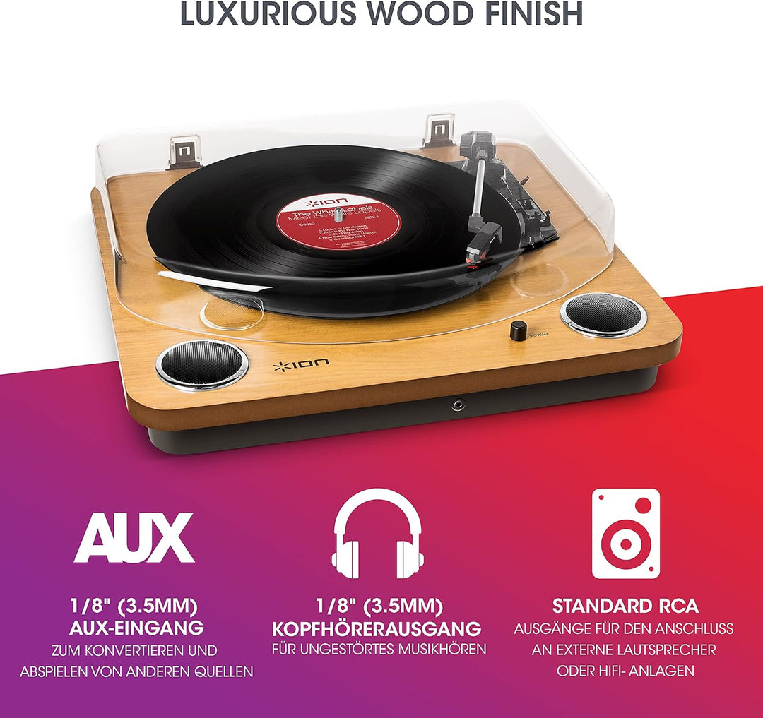 ION Audio Max LP - Vinyl Plattenspieler Bluetooth mit eingebauten Lautsprechern und USB, holzfarben