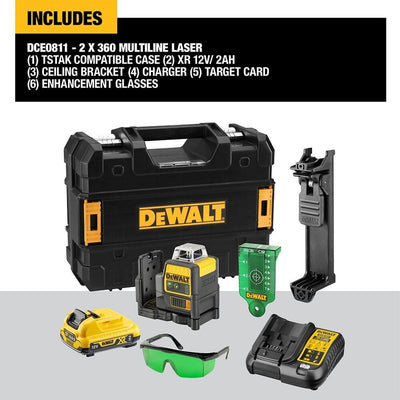 Dewalt 10,8 Volt 2x360° Linienlaser, Grün DCE0811D1G (Selbstnivellierend, horizontal & vertikal, ink