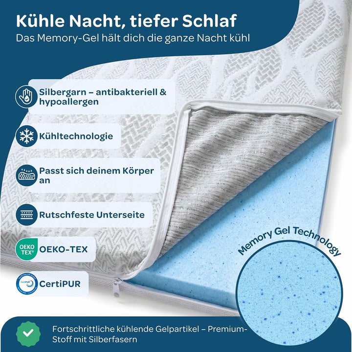 DOLCISOGNI Gel Memory Topper 140x200cm | H2/H3 Matratzentopper kühlend mit Silver Yarn Bezug | Antib