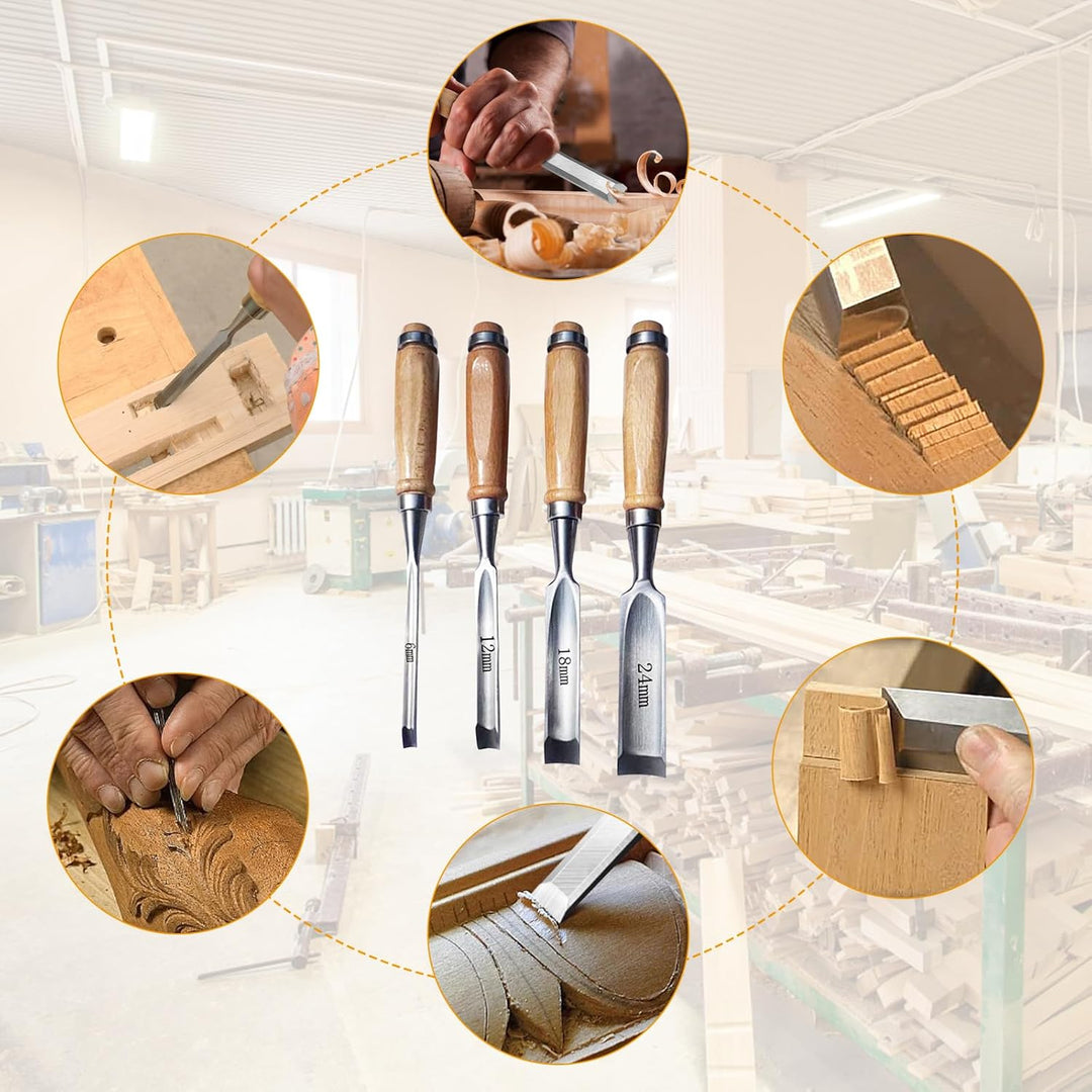 4 Stück Holz Meissel Set,Stechbeitel Rund Gebogen Hohlbeitel Set,CR-V Stahl halbkreisförmige Kante 8