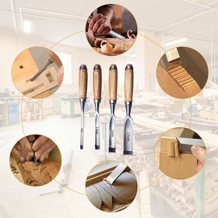 4 Stück Holz Meissel Set,Stechbeitel Rund Gebogen Hohlbeitel Set,CR-V Stahl halbkreisförmige Kante 8