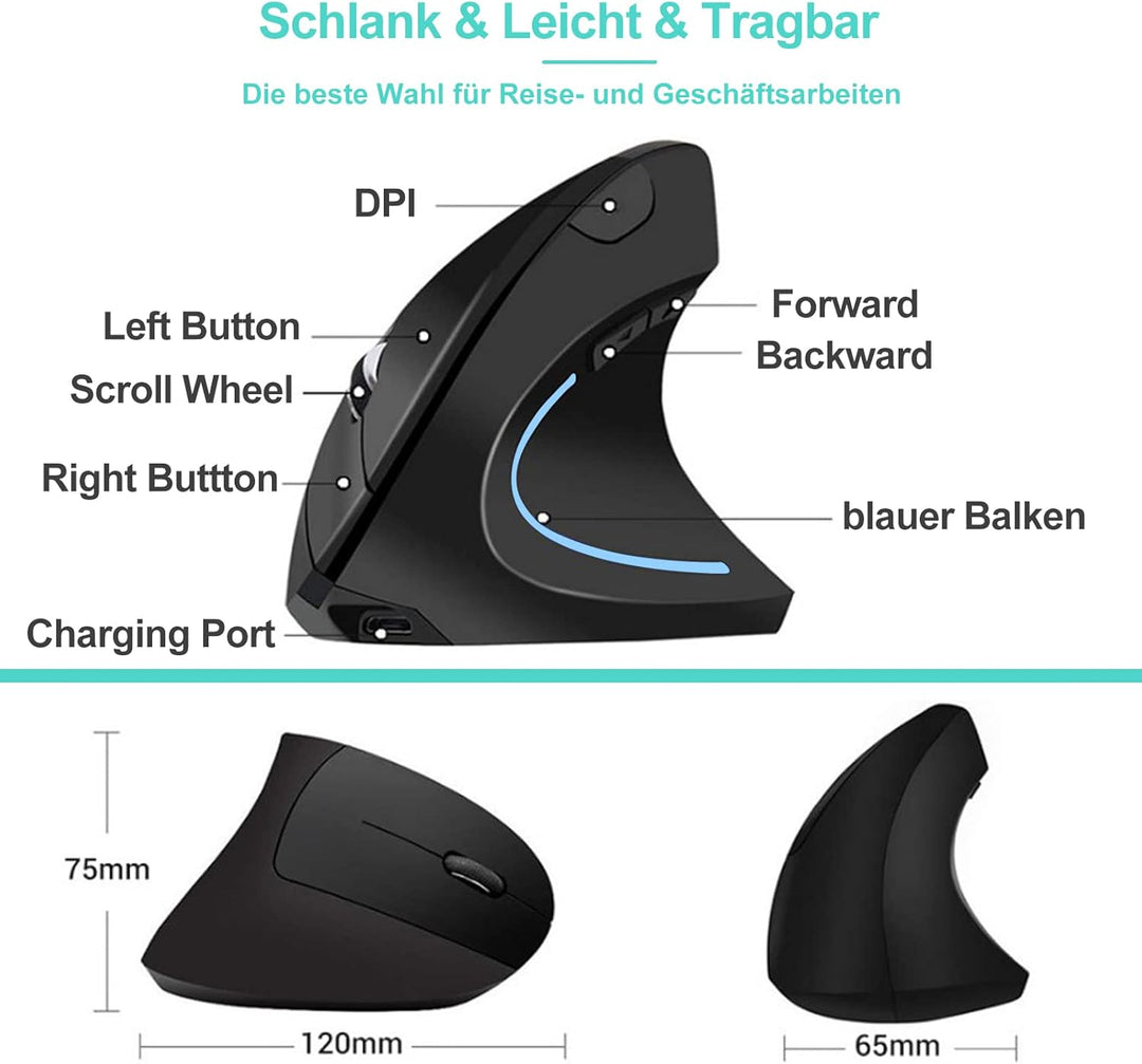Ergonomische Maus Kabellos Bluetooth Wiederaufladbare Vertikale Funk Maus (2,4 GHz+BT5.1) Modus mit