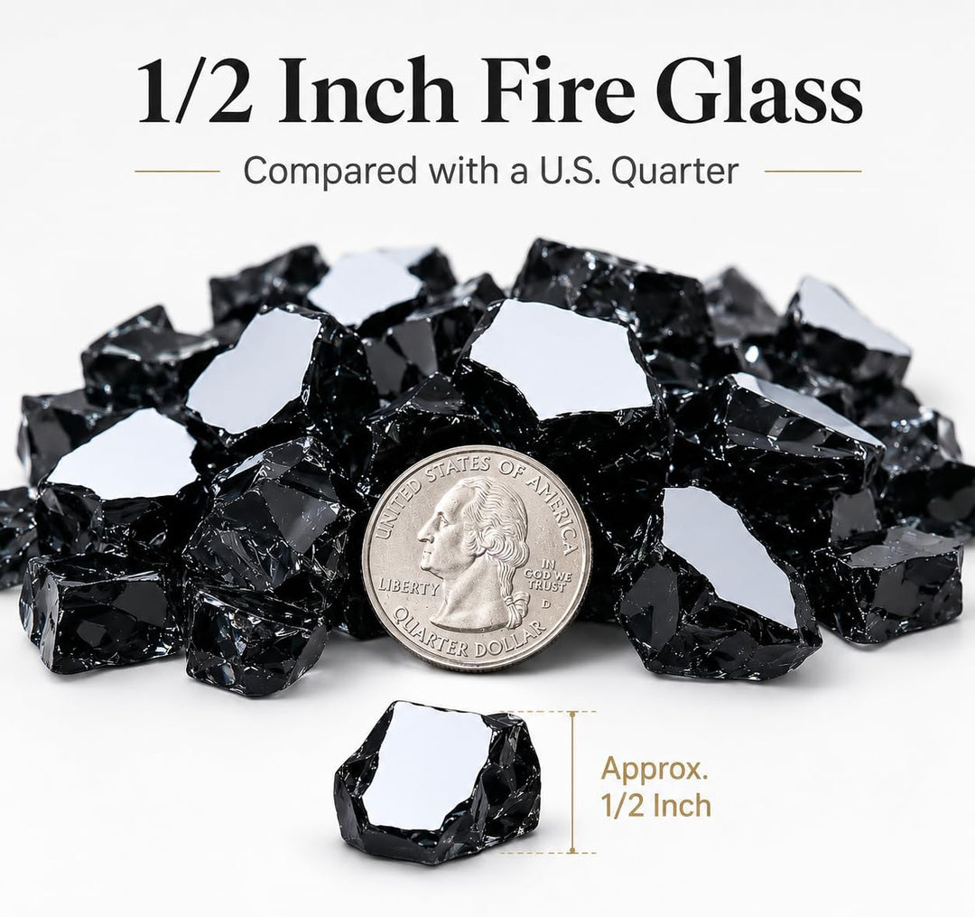 Grisun Onyx schwarzes Feuerglas für Feuerstelle, 1,27 cm hochglänzendes, reflektierendes gehärtetes