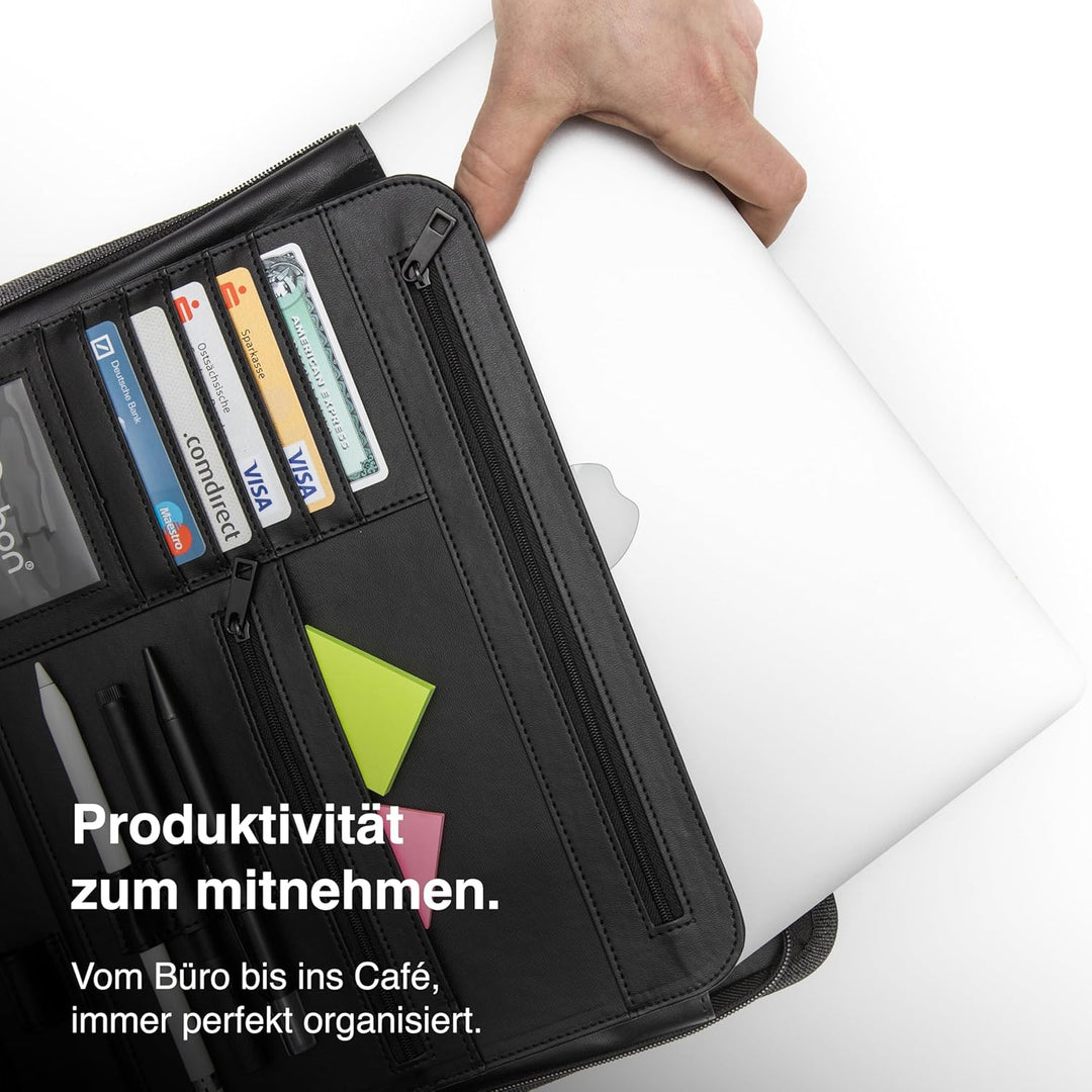 Vebon® Schreibmappe A4 gross"New York" I Veganes Leder, Reissverschluss + Klemmbrett I Konferenzmapp