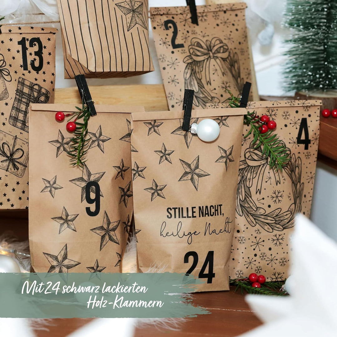 Papierdrachen Adventskalender 2025 zum Befüllen - 24 braune Geschenktüten mit Zahlenaufklebern - Mot