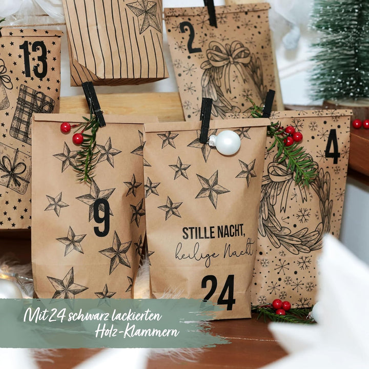 Papierdrachen Adventskalender 2025 zum Befüllen - 24 braune Geschenktüten mit Zahlenaufklebern - Mot