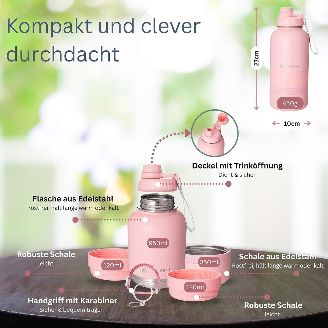 3-in-1 Hundetrinkflasche – Edelstahl 304, auslaufsicher, Softtouch, Wasser- &amp; Futterbehälter mit 3 N