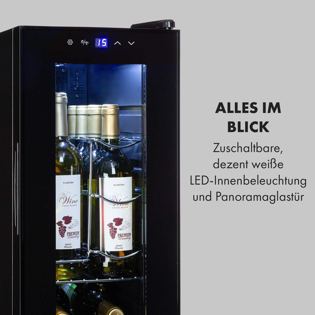 Klarstein Shiraz Weinkühlschrank Schwarz – 12 Flaschen, 32 L, 1 Zone | Getränkekühlschrank mit Glast