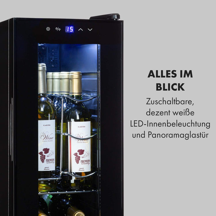 Klarstein Shiraz Weinkühlschrank Schwarz – 12 Flaschen, 32 L, 1 Zone | Getränkekühlschrank mit Glast