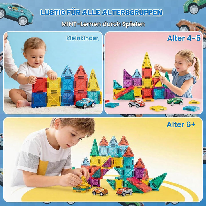 93 PCS Magnetic Tiles Mini Magnetic Building Tiles with Cars, Travel Magnetic Tiles with Storage Bag