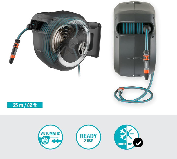 Gardena Wand-Schlauchbox RollUp M/L (grau) 25 m: flexible Bewässerung für mittelgrosse bis grosse Gä