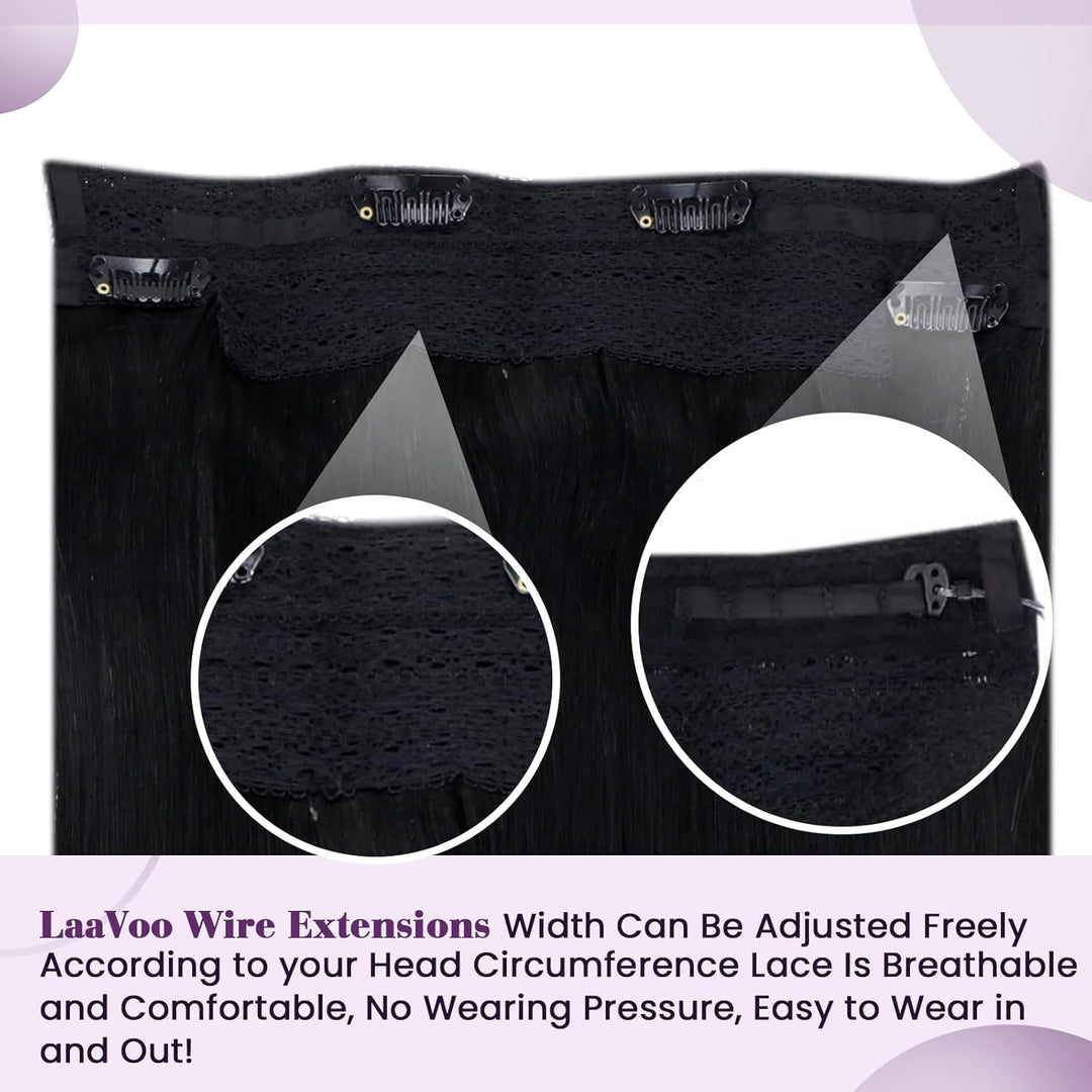 LaaVoo Unsichtbar Fish Line Echthaar Extensions mit Draht Schwarz Invisible Secret Wire Extensions E