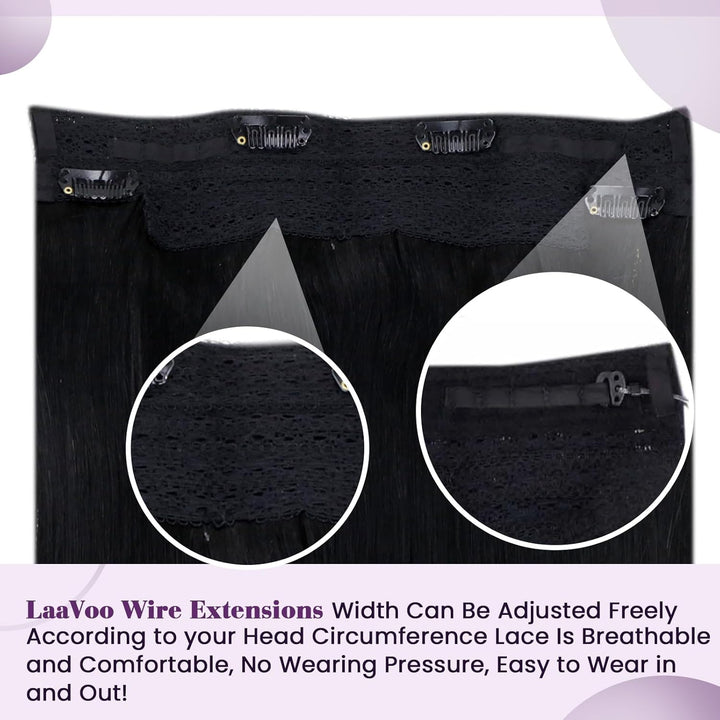 LaaVoo Unsichtbar Fish Line Echthaar Extensions mit Draht Schwarz Invisible Secret Wire Extensions E