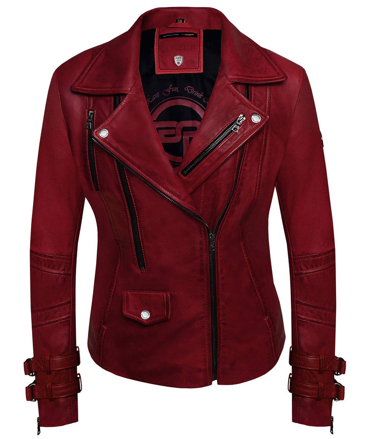 Bluepiel Poula Damen Lederjacke - Modernen Biker-Look - Echt Leder Jacke Rot Tailliert mit Reverskra