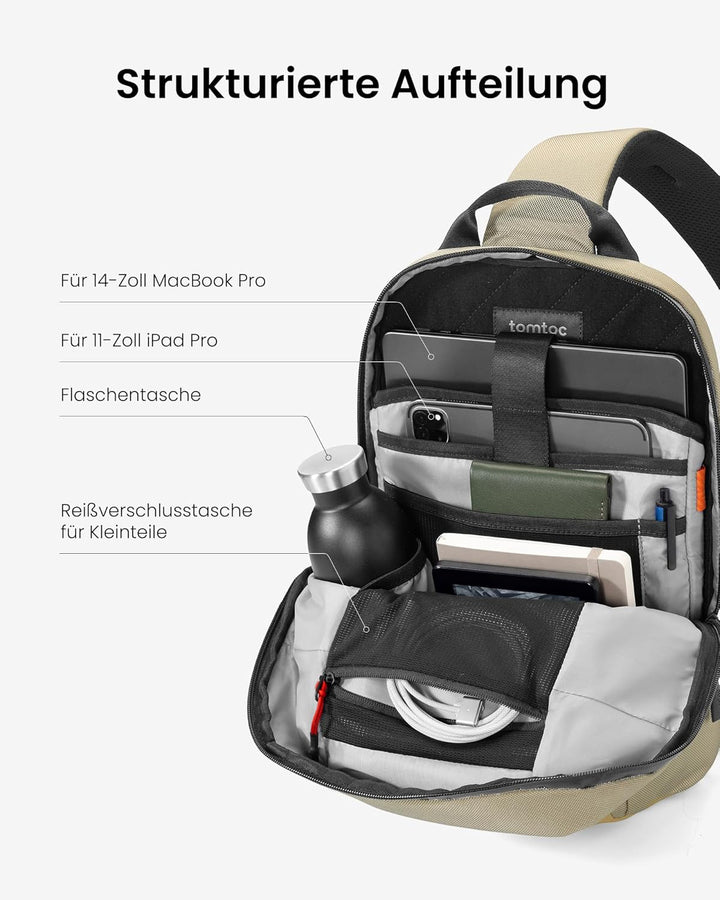tomtoc Kompakt Sling Bag, Minimal Einzelgurt Schulterrucksack für 14-Zoll MacBook Pro, Wasserresiste