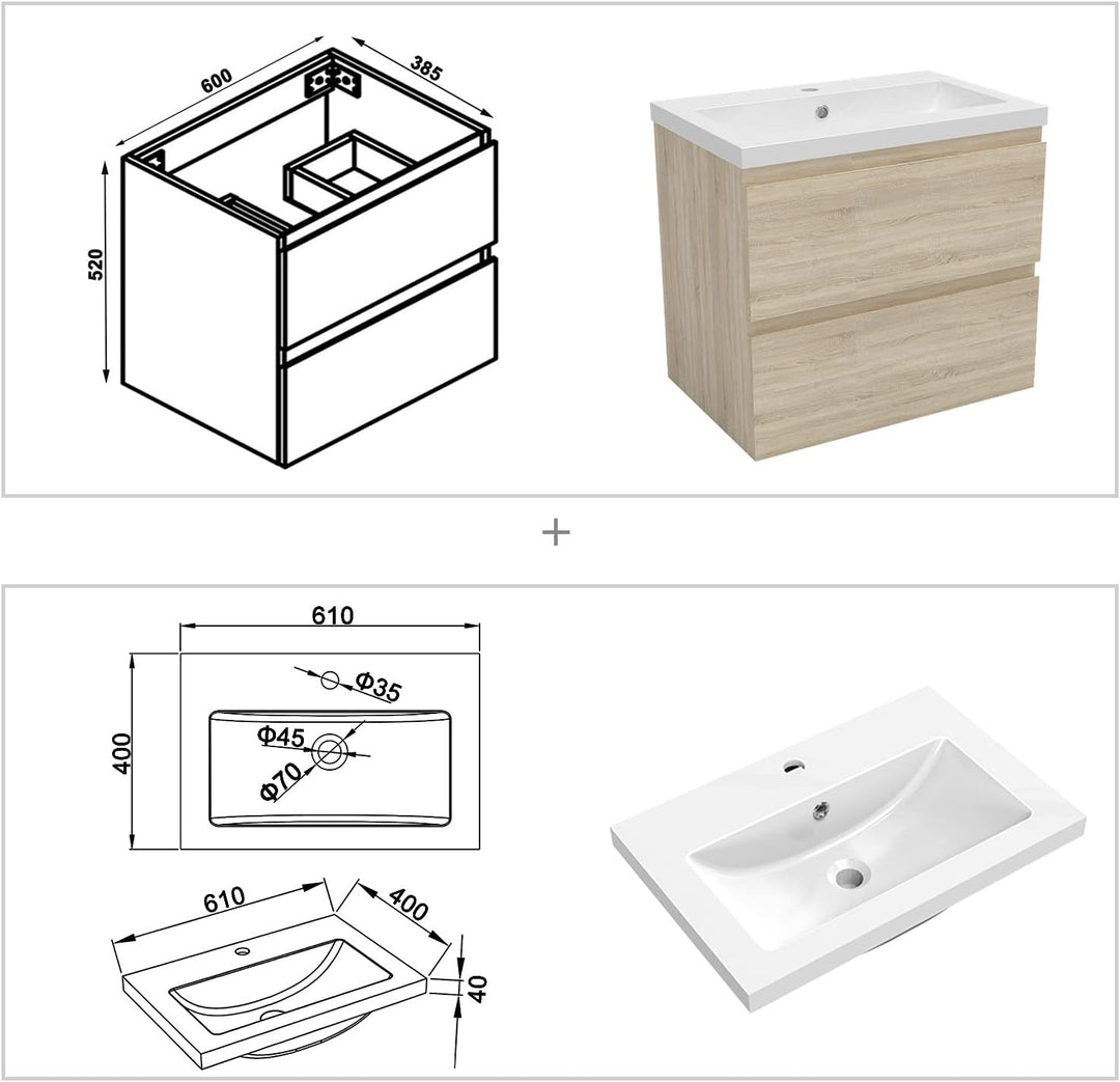 Aica Sanitär Waschtisch mit Unterschrank 60 cm Badmöbel Set mit Waschbecken Mineralguss Gäste WC Eic