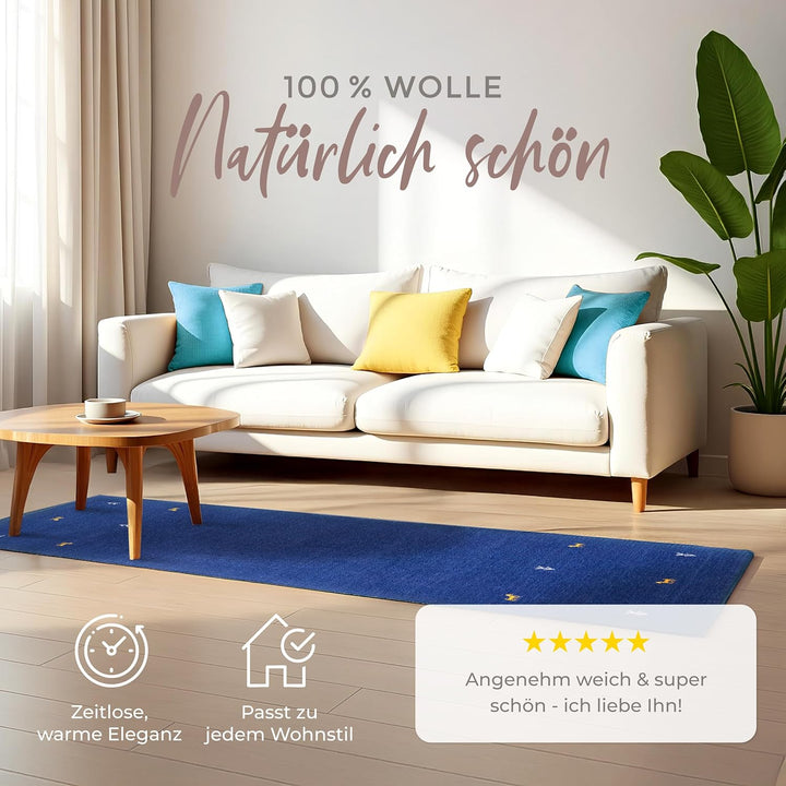 carpetfine Wollteppich Gabbeh Uni Läufer Blau 60x180 cm | Moderner Teppich für Wohn- und Schlafzimme