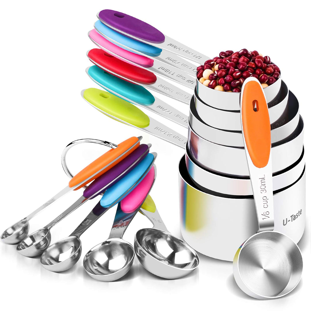 U-Taste 18/8 Edelstahl Messbecher und Messlöffel Set mit 12 Stück, Griff mit Verbesserter Dicke, Ame